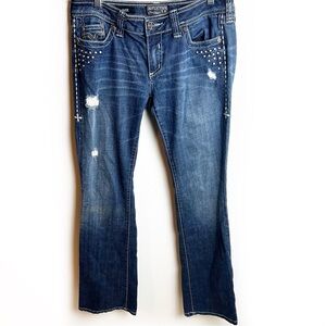 Affliction Jade bootcut v-stone crystal flap pocket jeans low rise size: 29